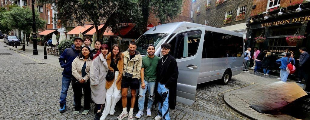 Minibus Hire London – Group Travel Made Easy - Minibus Hire in West London with Driver | Heathrow & Group Travel – WLMH Minibus hire London – Mercedes Sprinter picking up passengers in central London