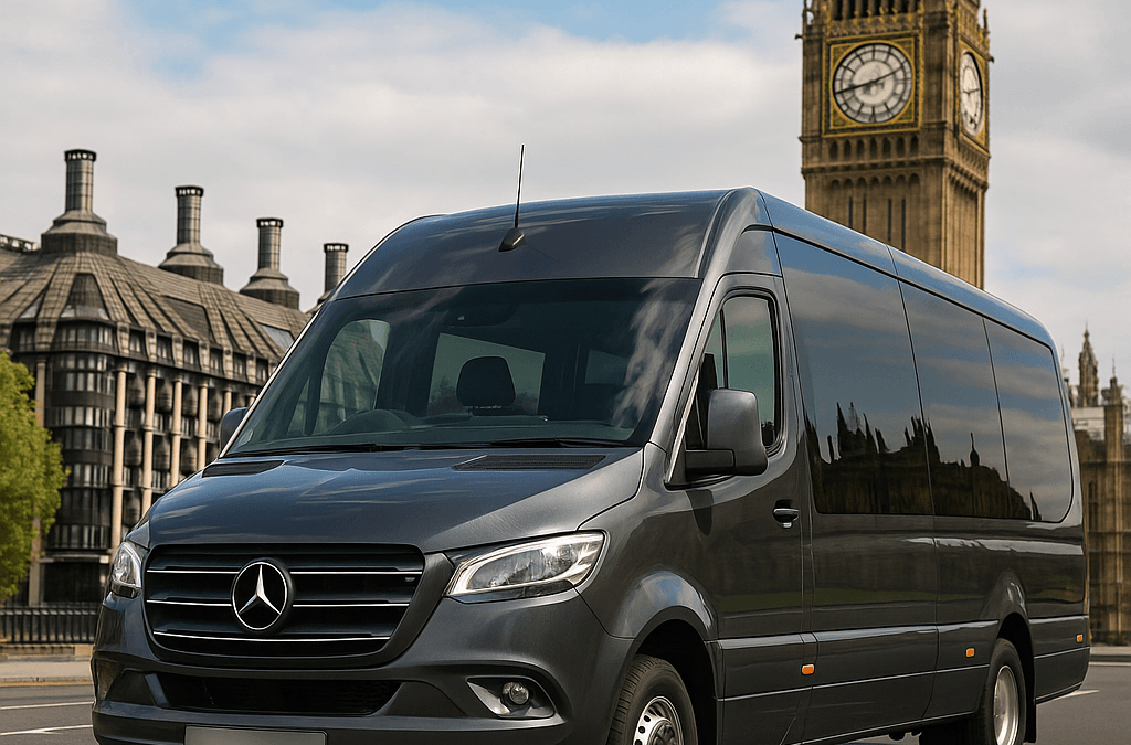 Minibus hire with driver West London – Mercedes Sprinter parked outside London hotel for group pickup