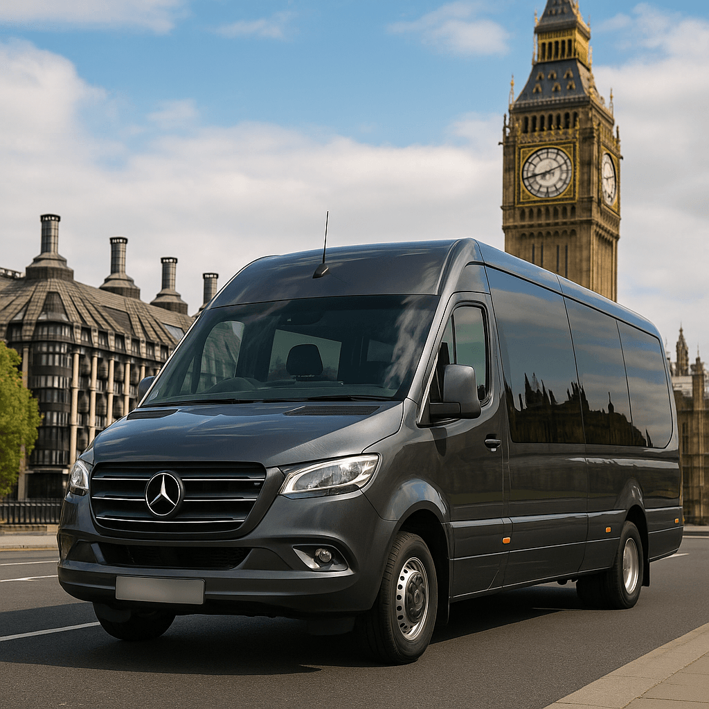 Minibus Hire with driver west london - Minibus Hire in West London with Driver | Heathrow & Group Travel – WLMH Minibus hire with driver West London – Mercedes Sprinter parked outside London hotel for group pickup