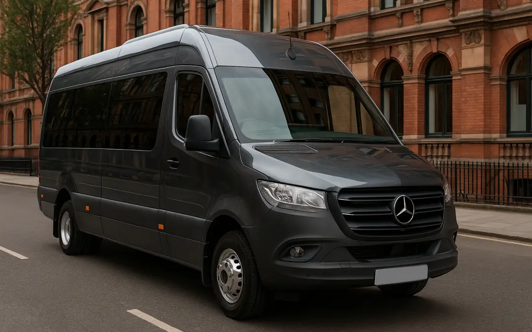 Minibus hire with driver near me – Mercedes Sprinter parked in West London for group transport