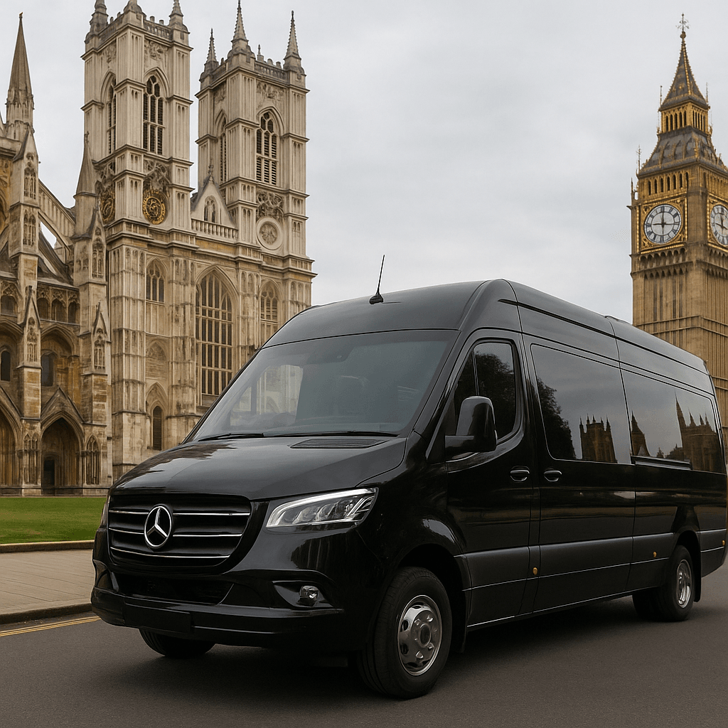 16 seater minibus hire with driver outside Big Ben 16 seater minibus hire with driver london
