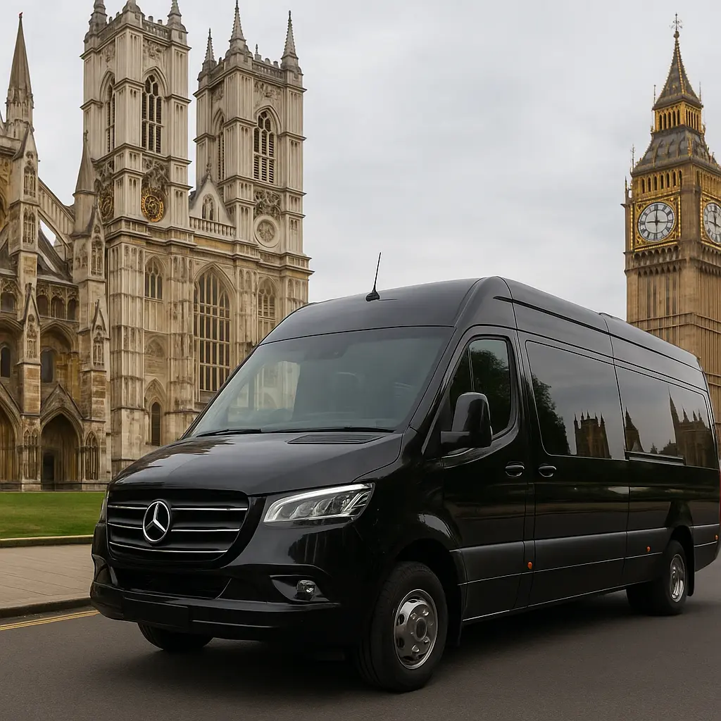 16 seater minibus hire with driver outside Big Ben 16 seater minibus hire with driver london