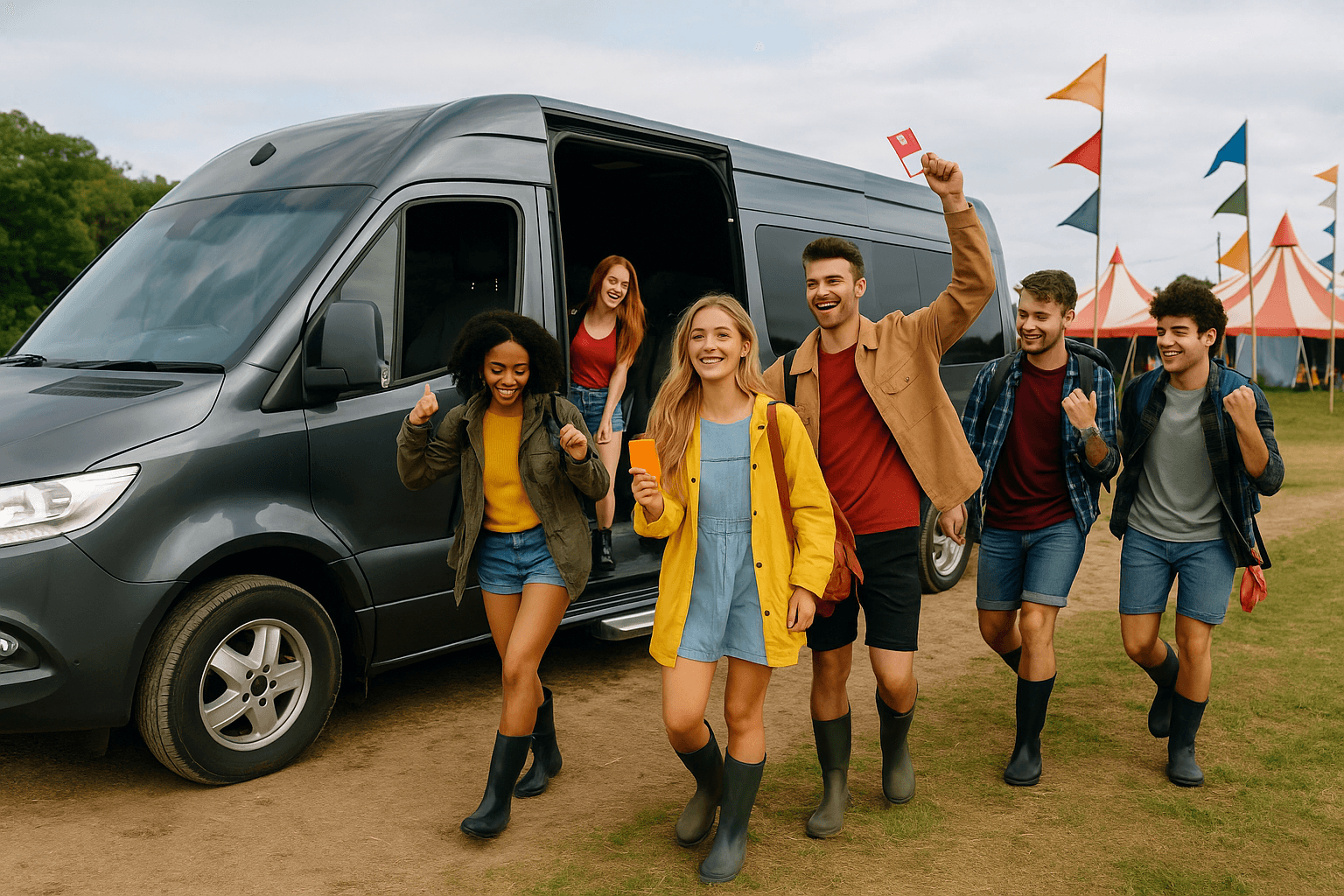 Group of Friends Ready for a Music Festival with Luxury Minibus Nearby A stylish group of young adults dressed for a music festival, standing beside a luxury dark grey minibus with tents and festival banners in the background.