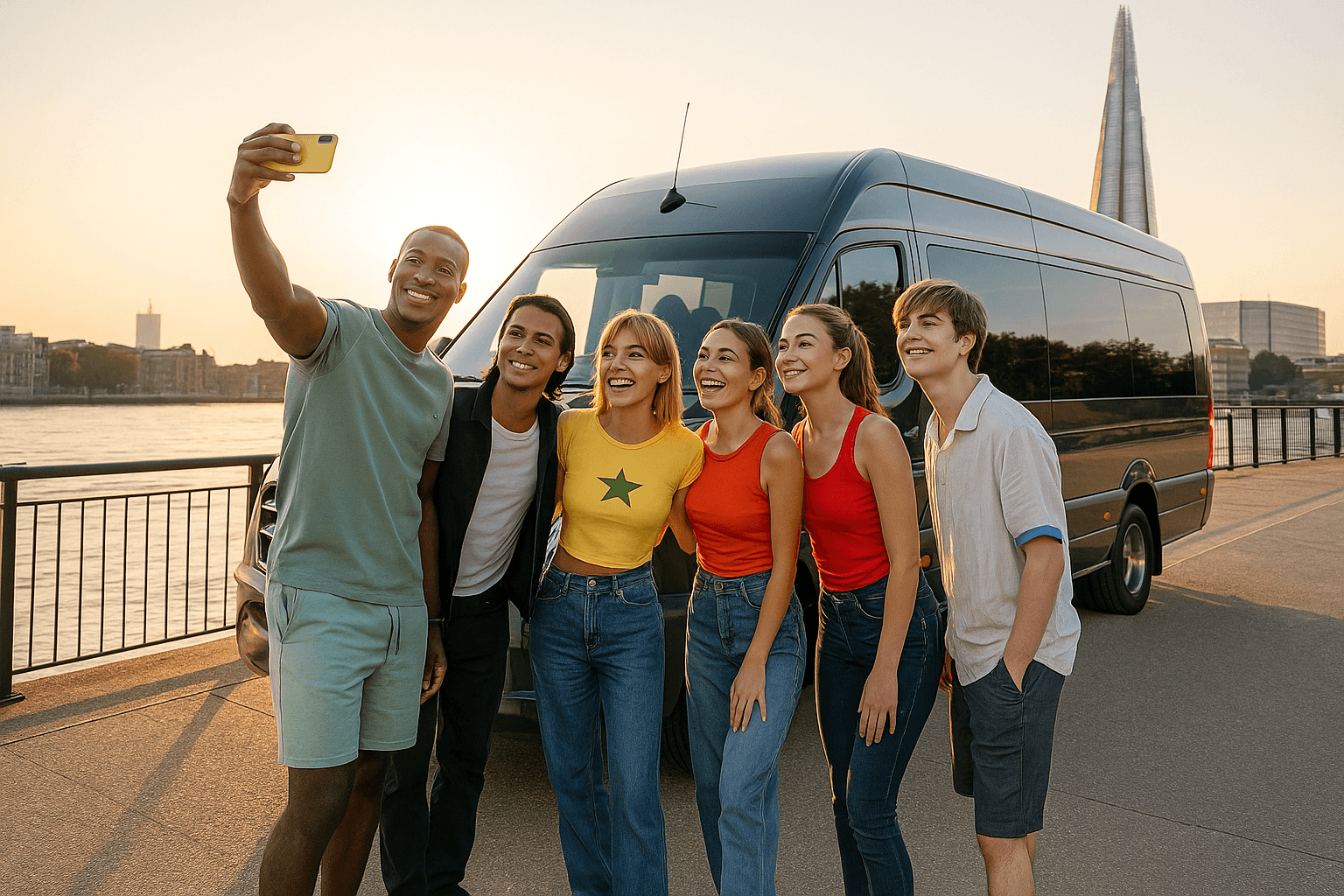 A group of tourists taking selfies with a luxury dark grey Mercedes Sprinter minicoach parked nearby; sunlight reflects off the coach with the River Thames and the Shard visible in the background