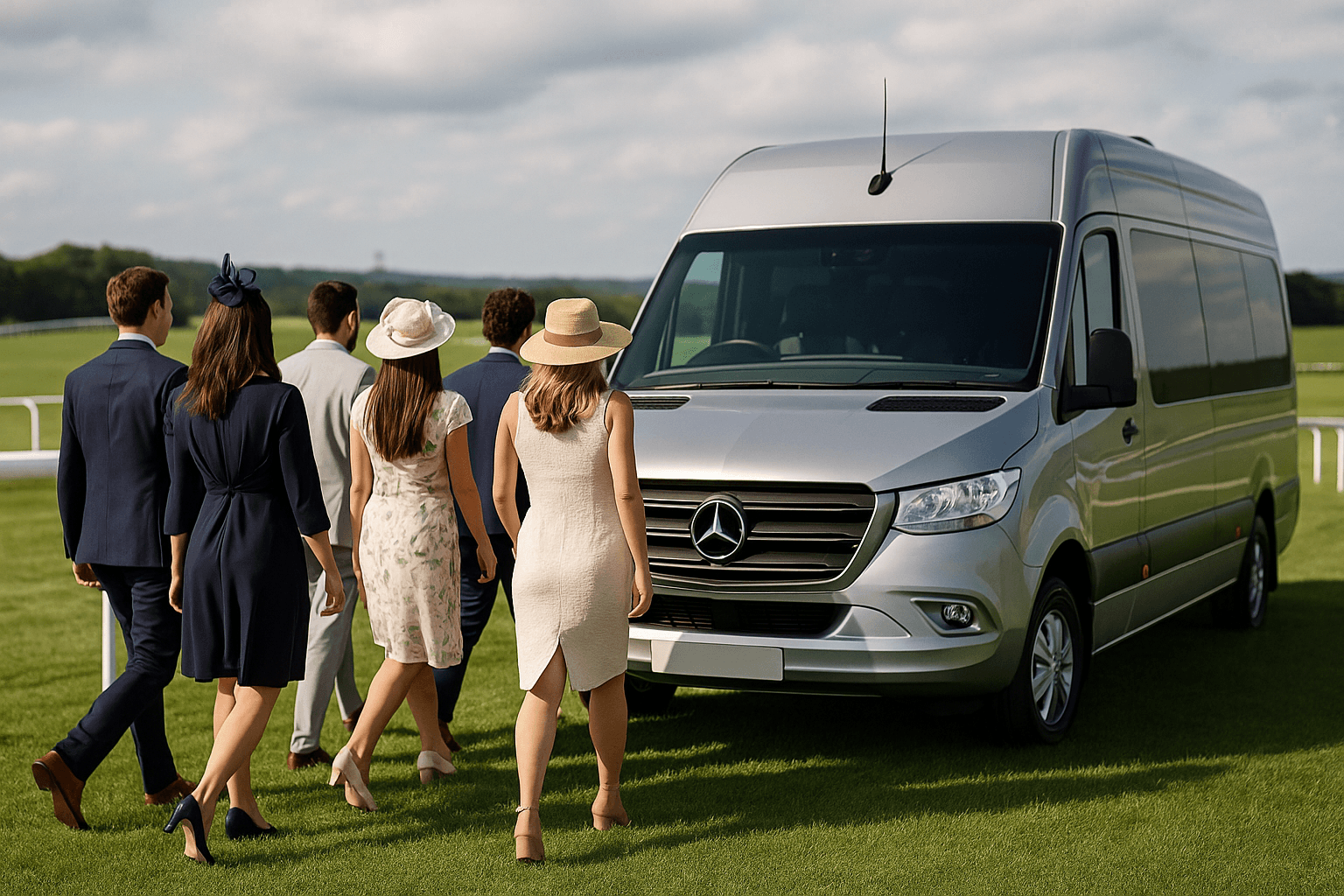 Guests Dressed for Race Day Boarding a Luxury Mercedes Sprinter Minicoach A group of elegantly dressed men and women walking toward a luxury Mercedes Sprinter minicoach on race day