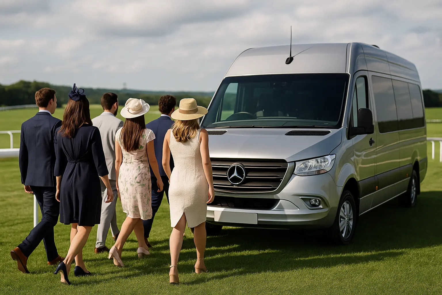 Guests Dressed for Race Day Boarding a Luxury Mercedes Sprinter Minicoach A group of elegantly dressed men and women walking toward a luxury Mercedes Sprinter minicoach on race day