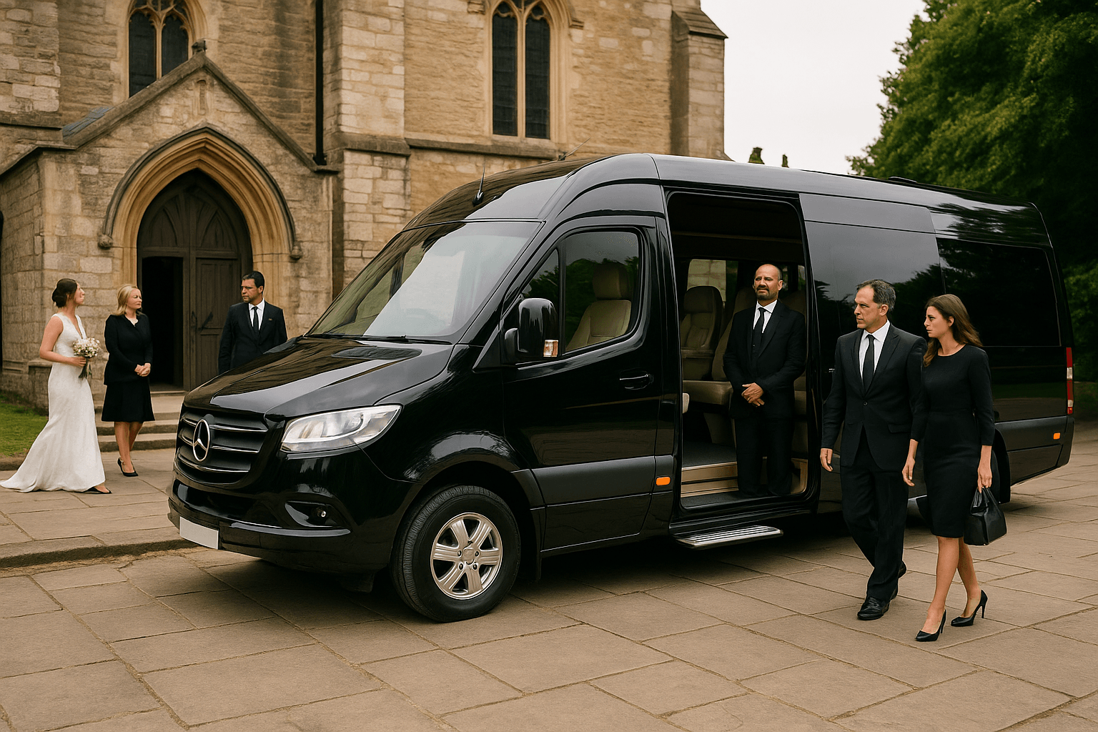Luxurious Black Minibus Decorated for a Wedding in London A black luxury minibus adorned with white wedding ribbons parked on a scenic London street, ready for bridal party transport