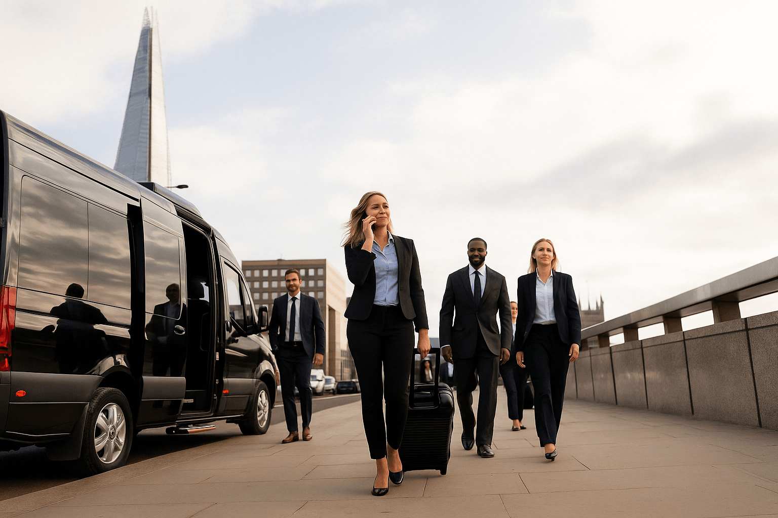 Luxury Mercedes Minibus in London with Corporate Group Corporate professionals disembarking from a luxury Mercedes minibus near The Shard in central London, symbolizing premium minibus hire London with driver services.