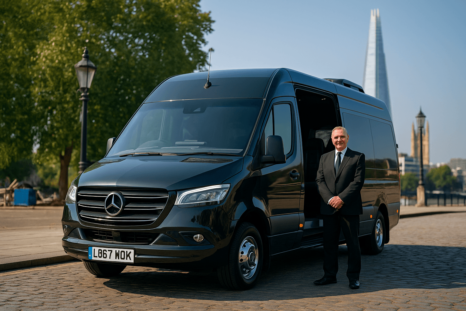 London Minibus Hire With Driver – Executive Black Minicoach Parked in City Luxury executive black minibus with driver parked in central London, ideal for London minibus hire with driver services for group transport.