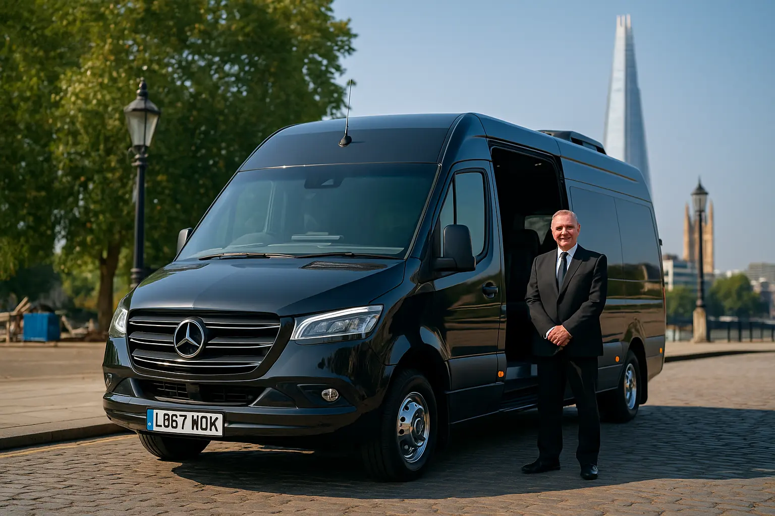  Luxury executive black minibus with driver parked in central London, ideal for London minibus hire with driver services for group transport.