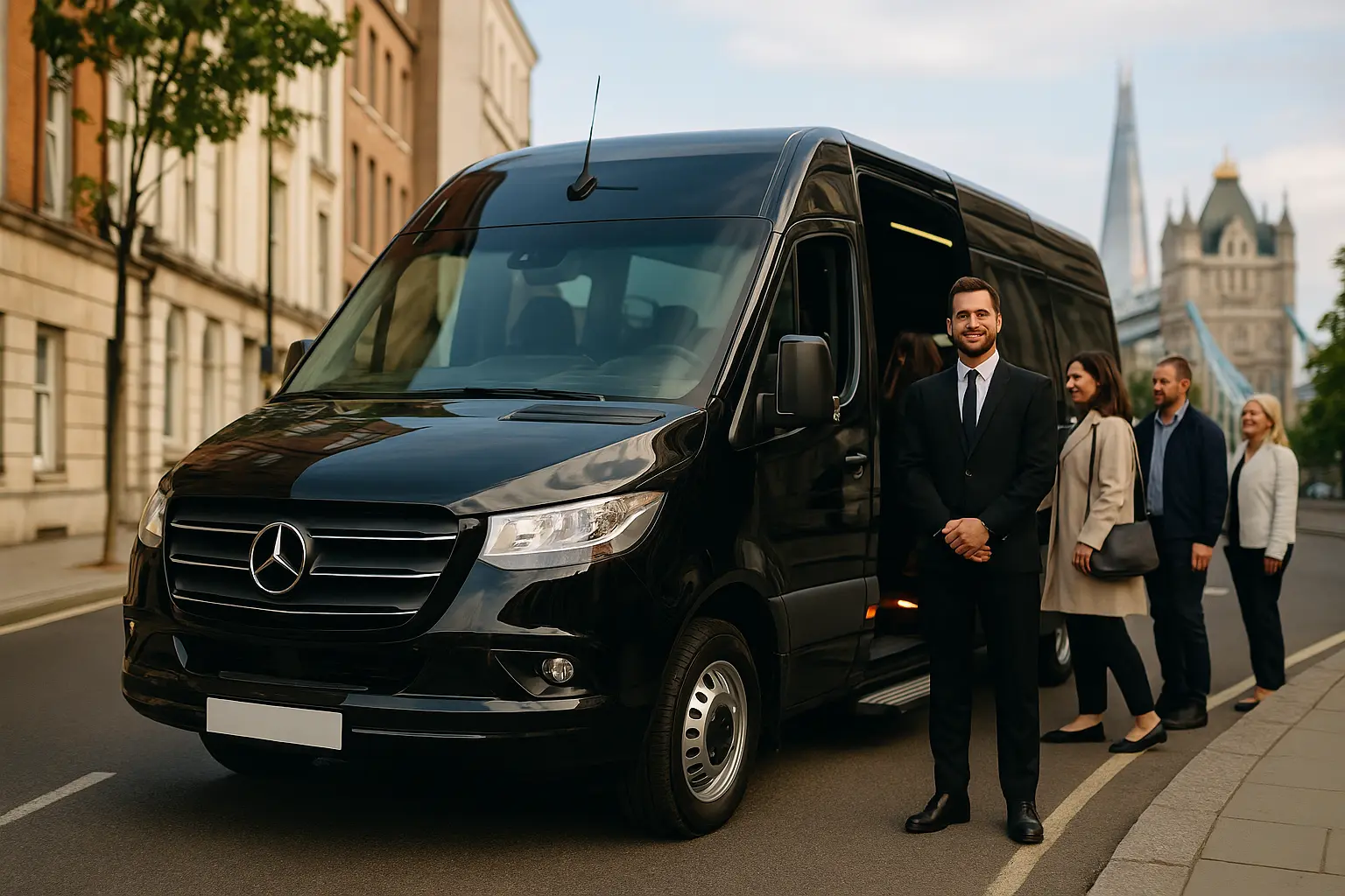 Luxury Minibus Hire With Driver in London West London Minibus Hire Professional driver welcoming passengers into a luxury black Mercedes Sprinter minibus parked in central London near Tower Bridge, executive group travel service.