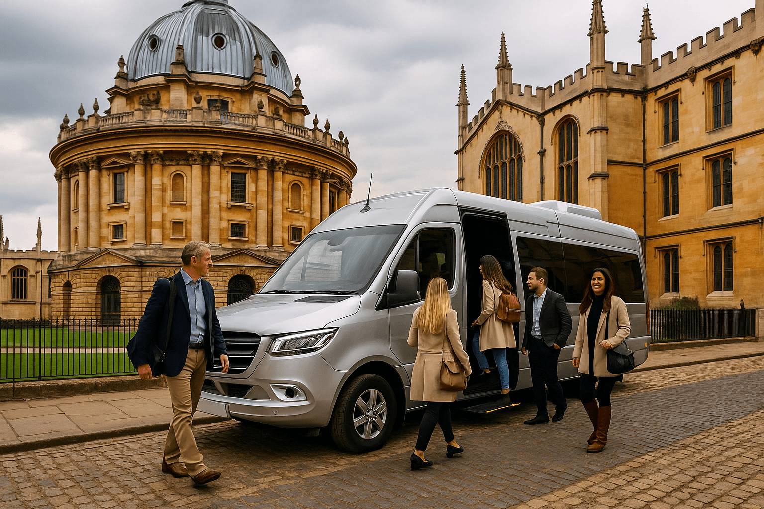 Tourists boarding a luxury Mercedes minibus in front of iconic Oxford buildings during a guided city tour