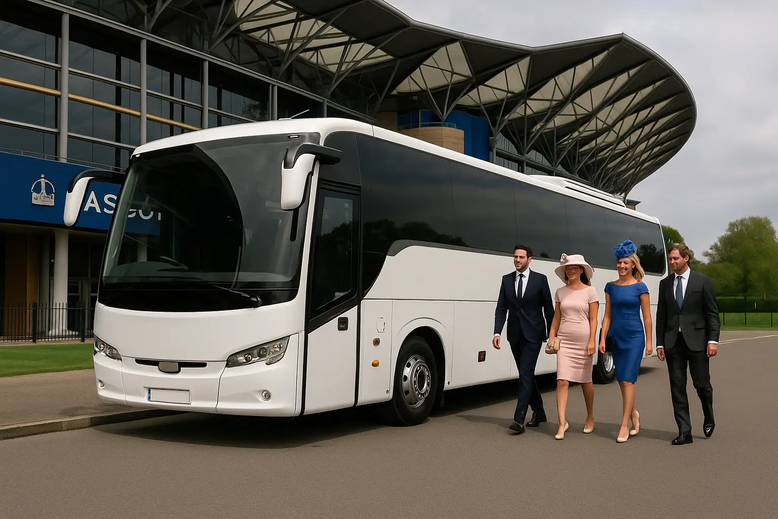 Luxury Minibus and Stylish Group Ready for Ascot Racecourse Day Out Group of elegantly dressed men and women standing beside a luxury minibus, preparing for a day at Ascot Racecourse