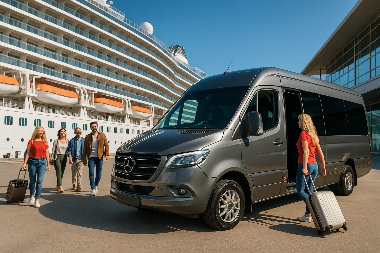 Luxury Minicoach Parked Outside Cruise Terminal with Travellers Luxury Minicoach Parked Outside Cruise Terminal with Travellers