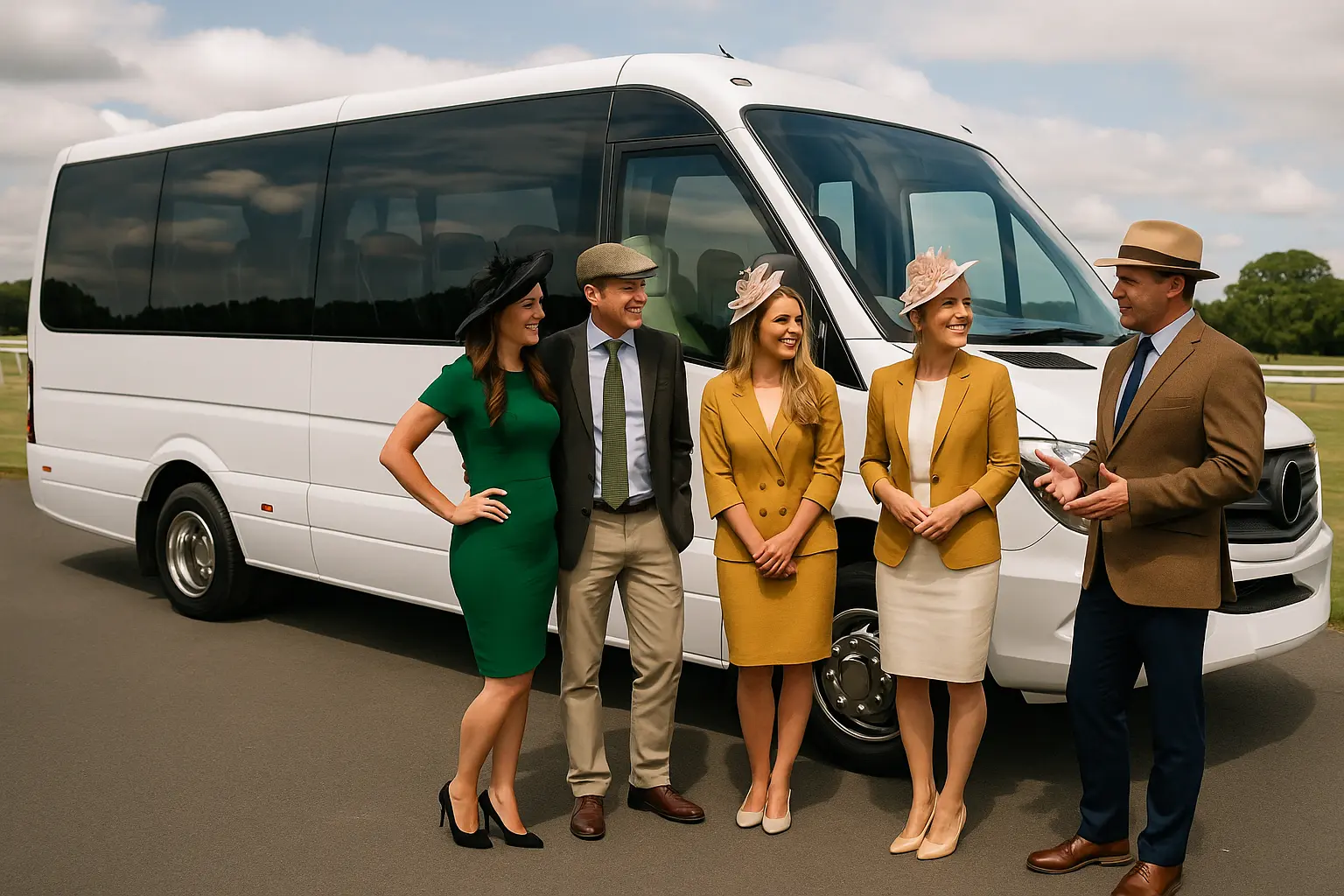 Luxury Minicoach with Guests Attending Horse Racing Event A luxury minicoach parked with elegantly dressed men and women preparing to attend a horse racing event, dressed in race day attire.