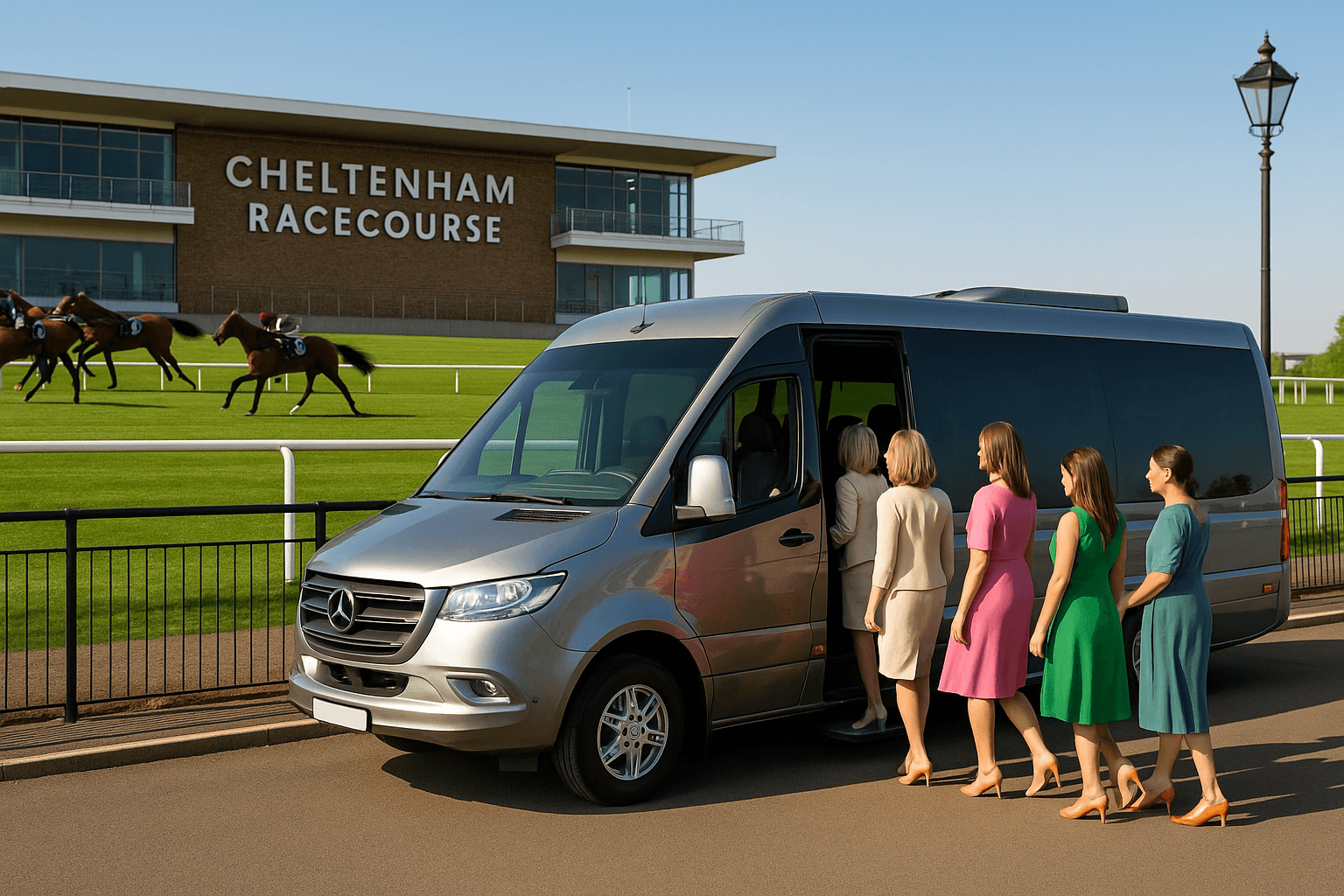 Luxury Silver Minicoach Outside Cheltenham Racecourse Luxury Silver Minicoach Outside Cheltenham Racecourse