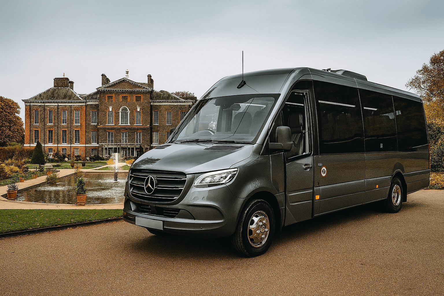 Luxury Mercedes minibus exterior three-quarter front angle for minibus hire with driver in London