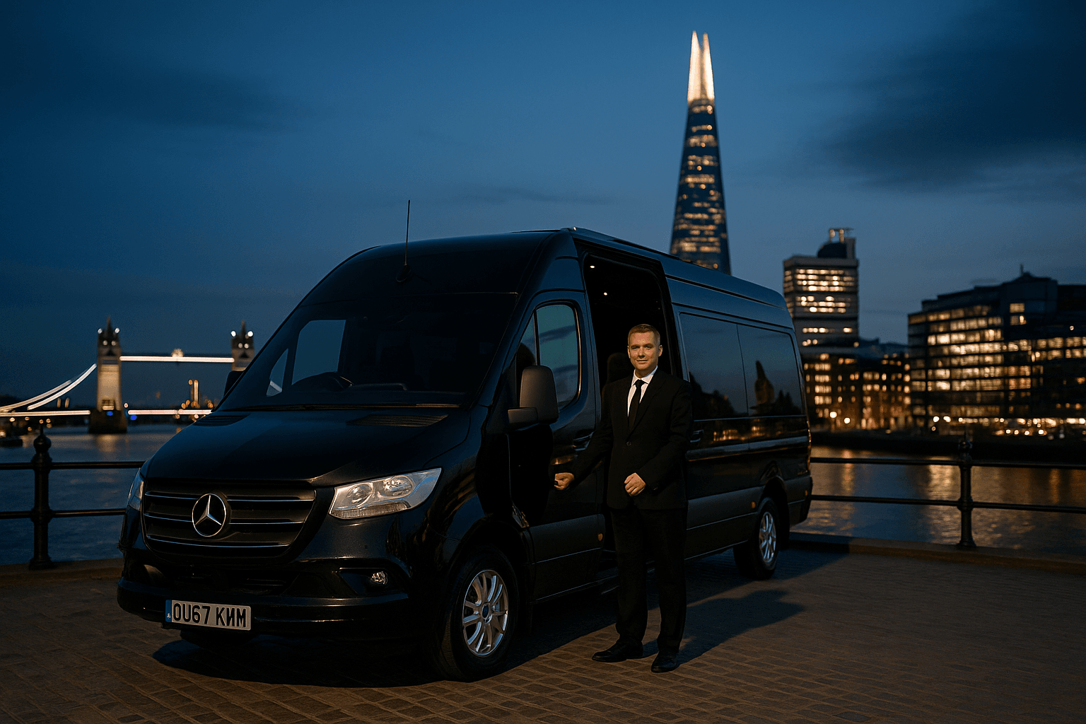 Professional driver beside Mercedes minibus for minibus hire with driver in London