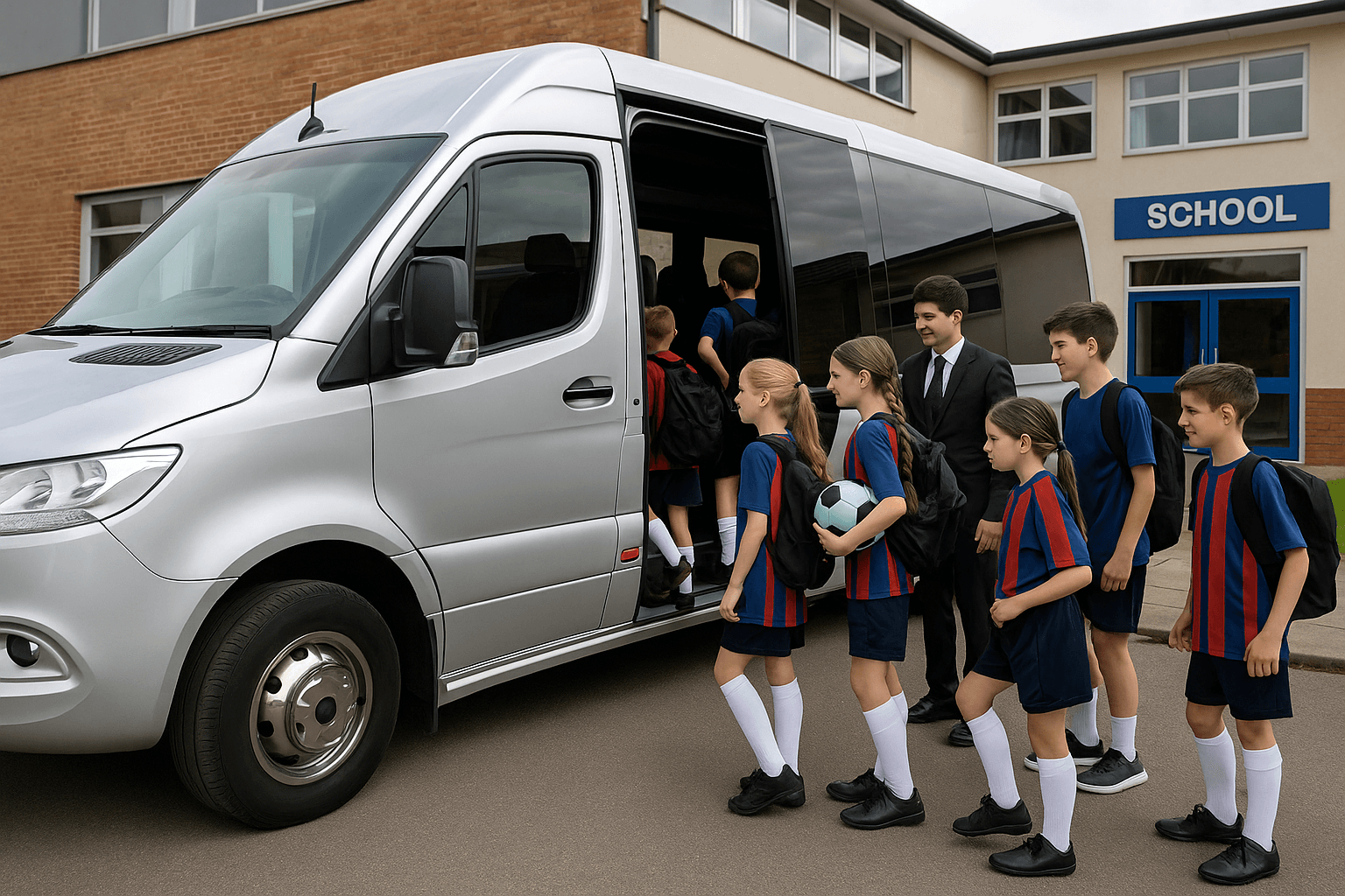 School Minibus Hire for Sports Trips Luxury Silver Minicoach with Students Boarding Group of school children in football kits boarding a luxury silver minicoach parked outside a school building for a sports trip