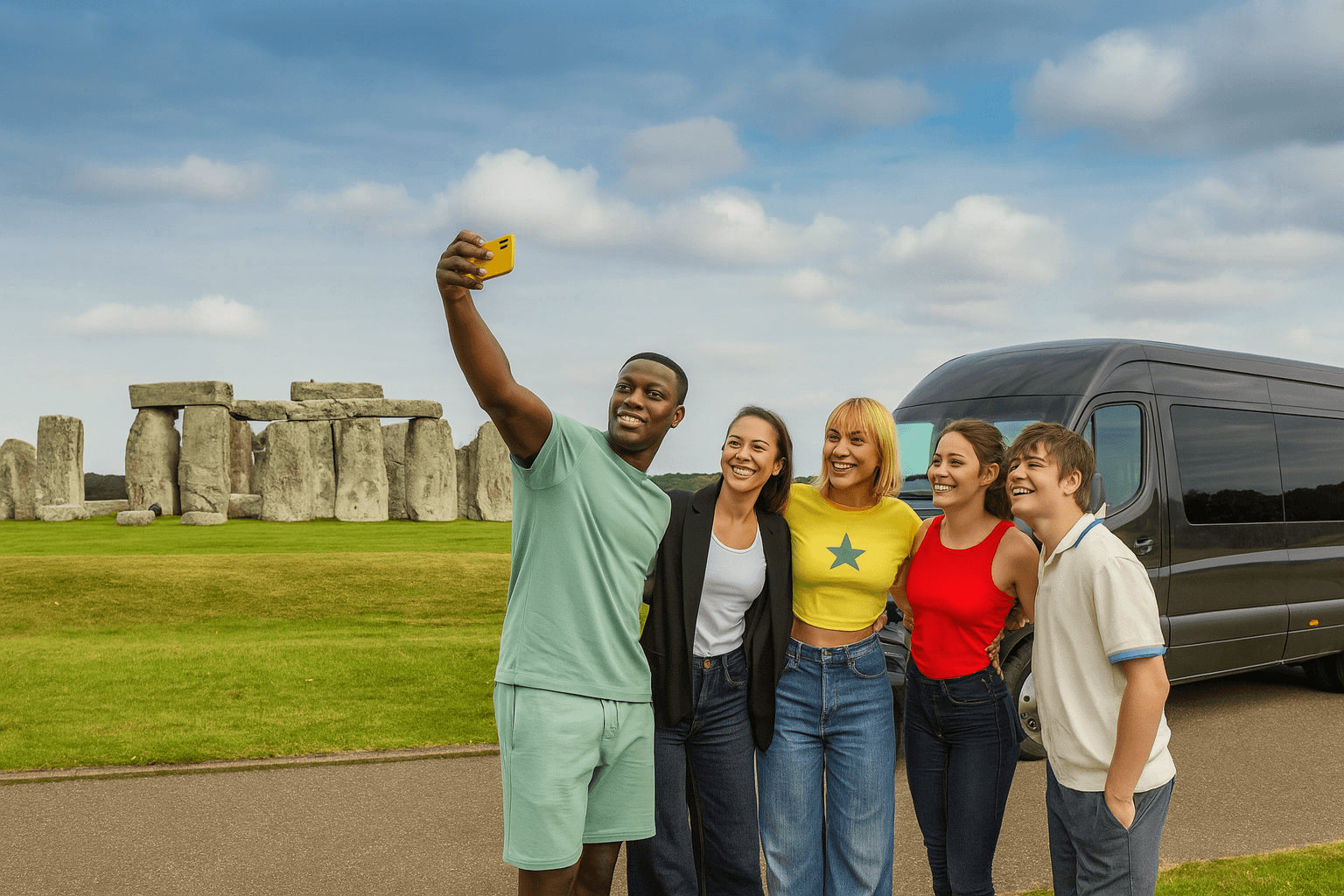 A diverse group of tourists taking selfies in front of Stonehenge during a UK tour with a minibus hire service