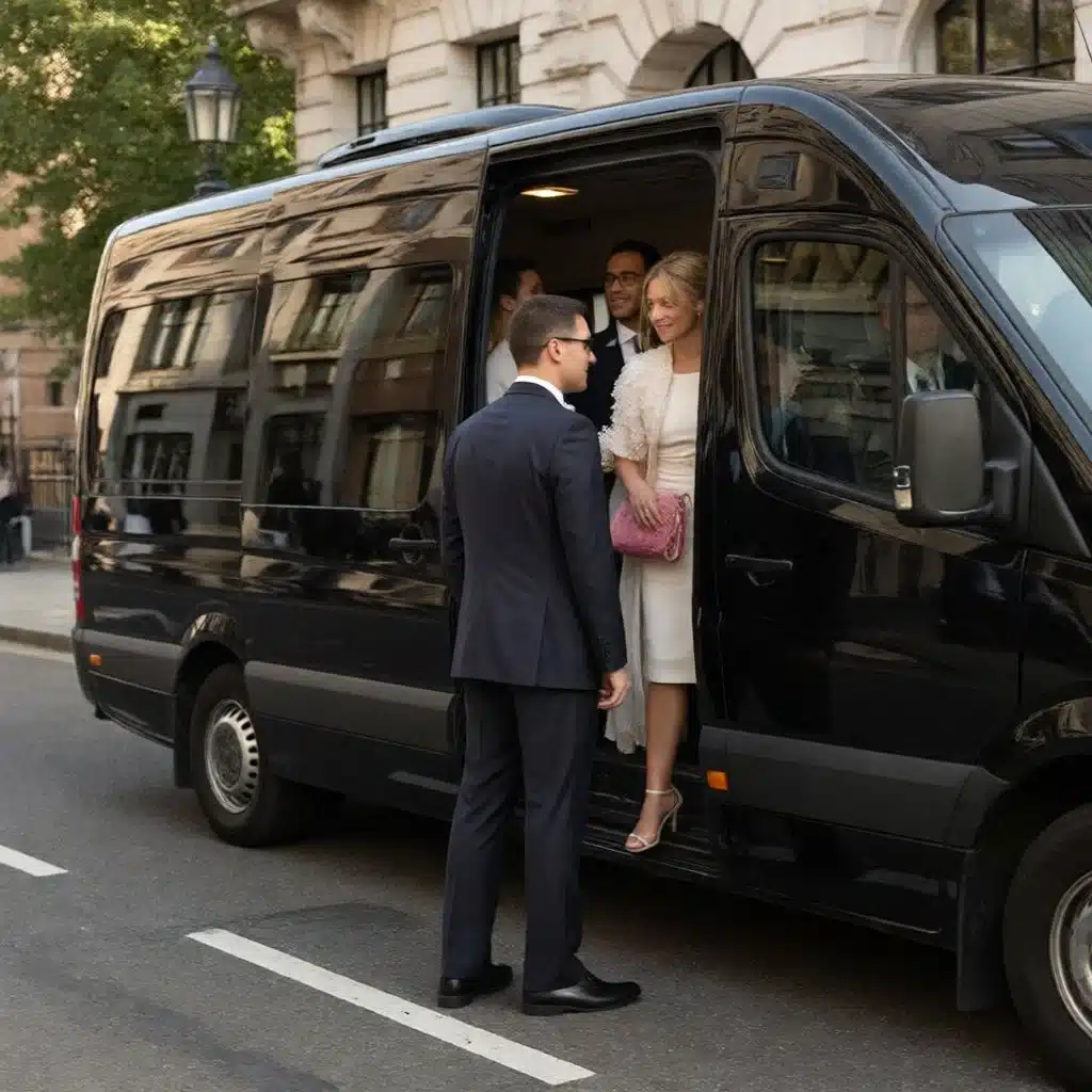 Wedding guests boarding a chauffeur-driven minibus in London for a wedding ceremony