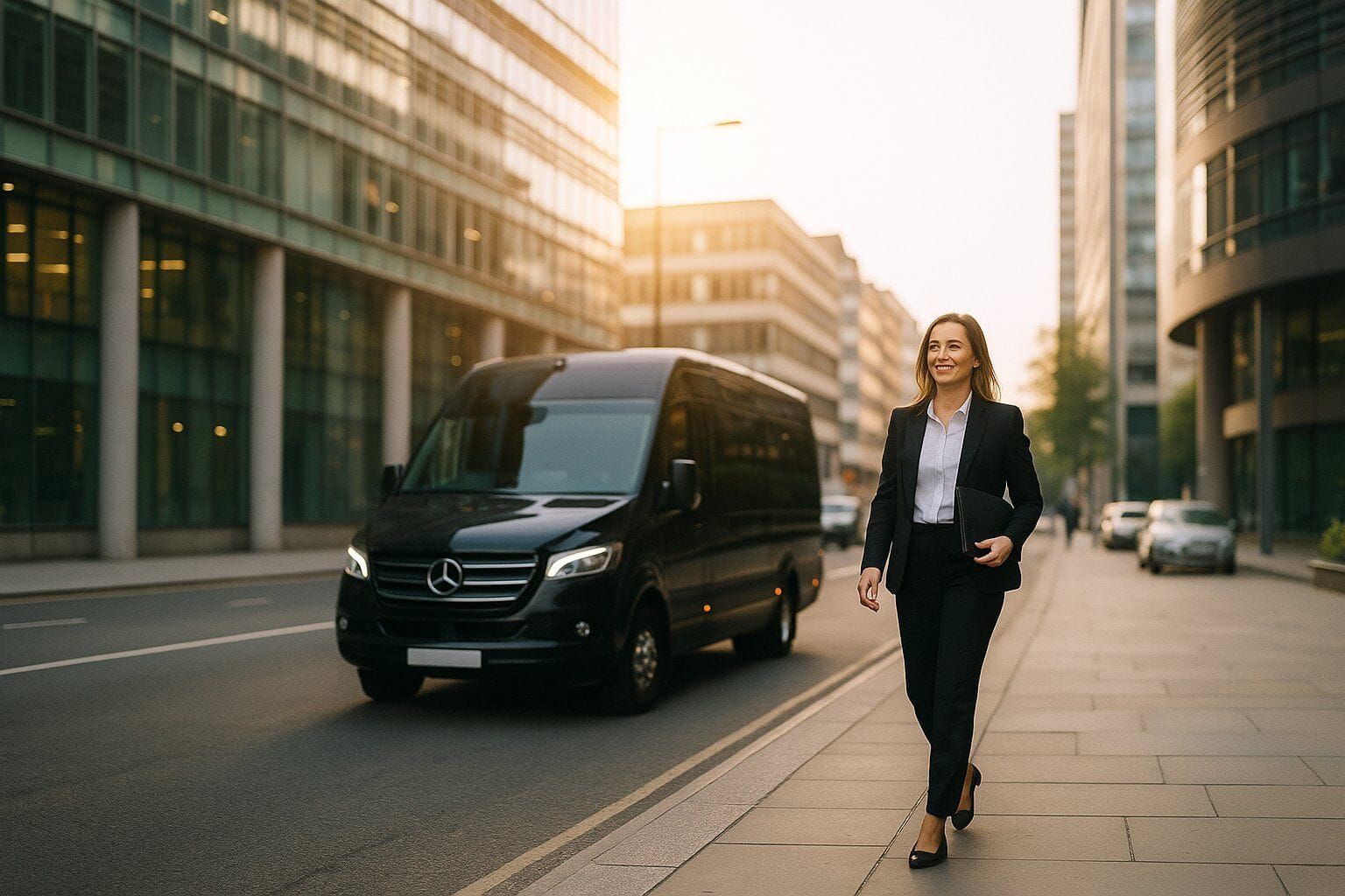 Professional woman standing outside a modern office in West London, sharing a positive review after using a corporate minibus hire service with driver