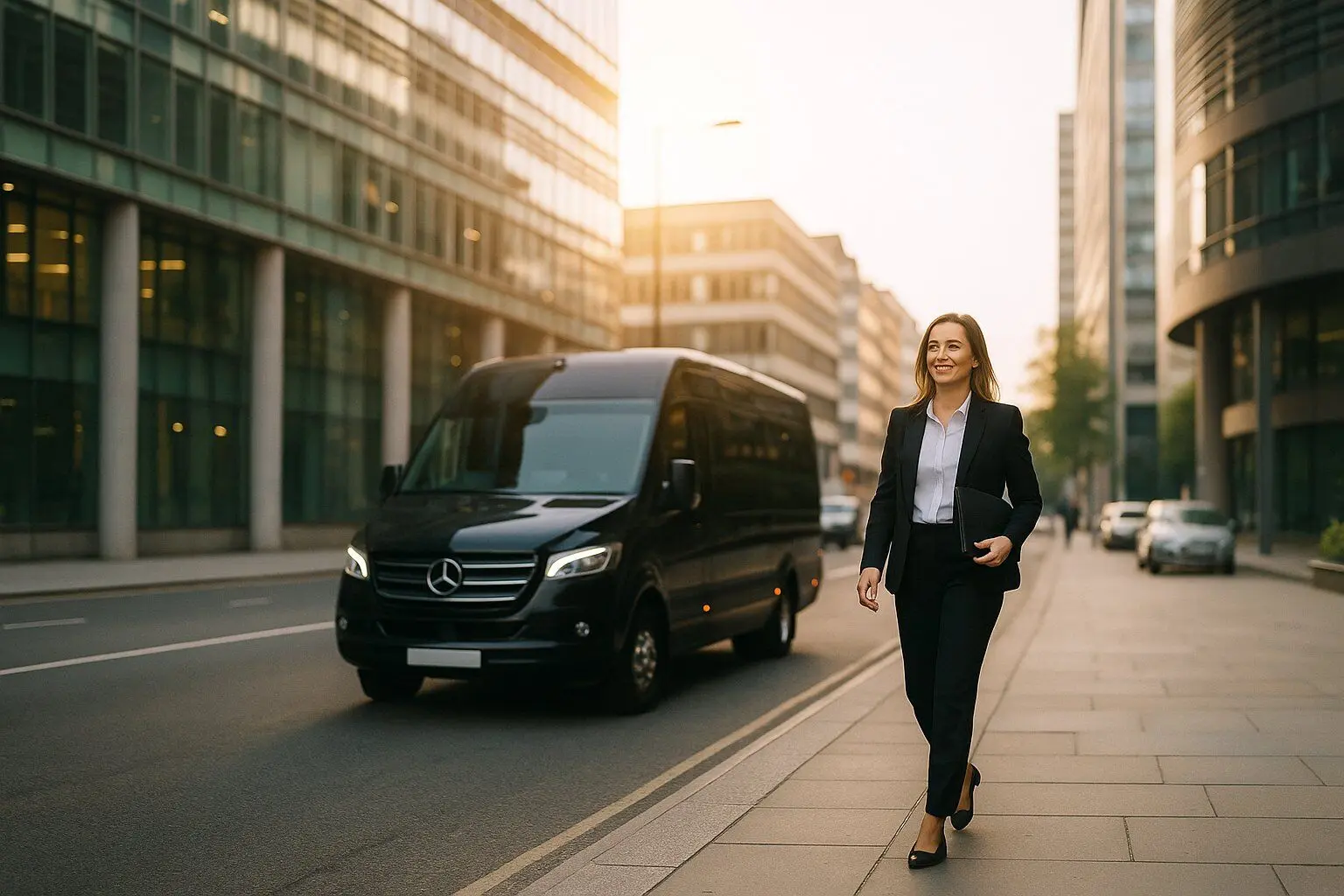 Corporate Client Giving Minibus Hire Review Outside London Office Professional woman standing outside a modern office in West London, sharing a positive review after using a corporate minibus hire service with driver