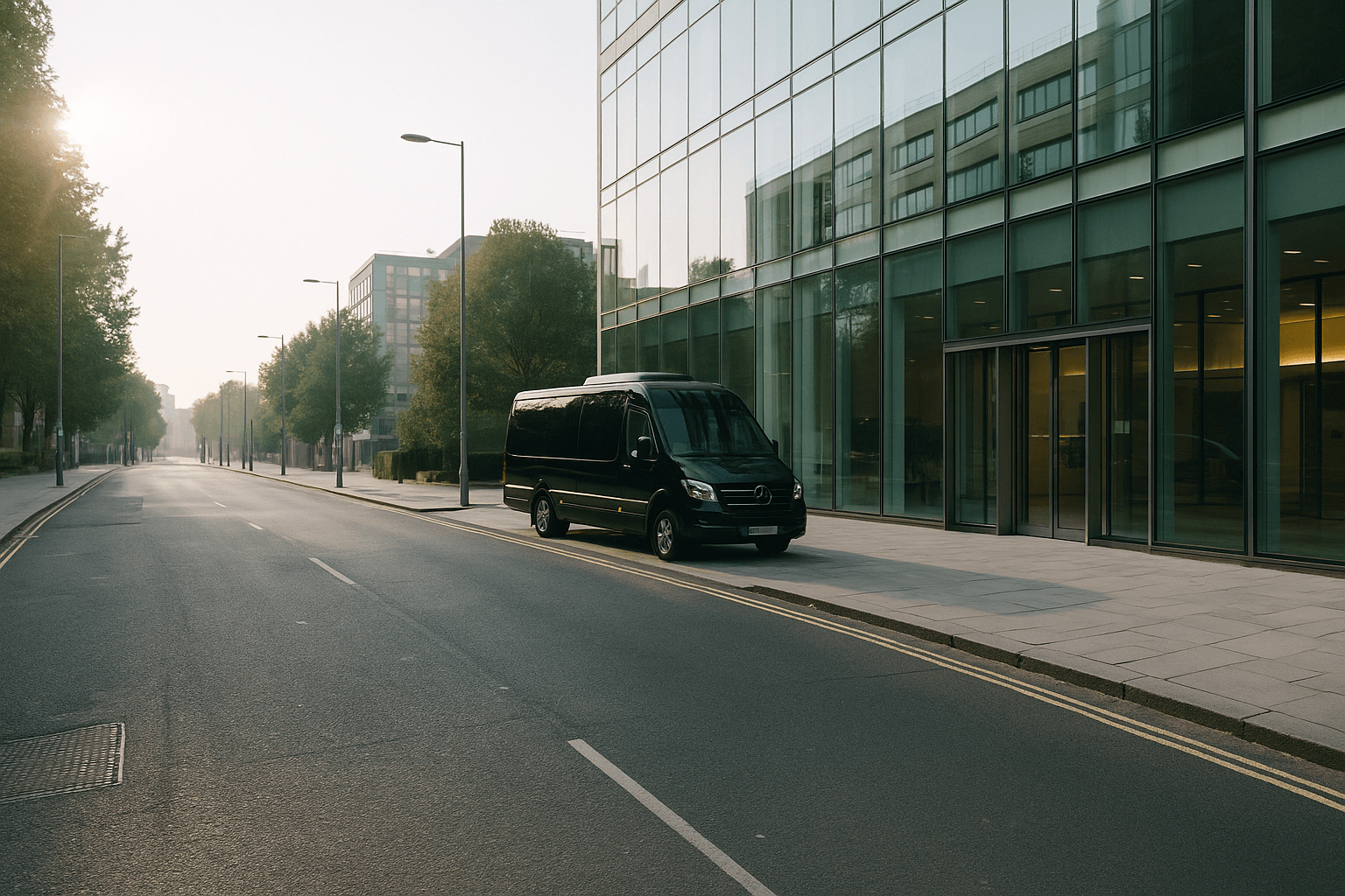 Luxury Mercedes minicoach parked outside a modern glass corporate building in West London during early morning, with a smartly dressed chauffeur nearby and city reflections in the background – ideal for corporate minibus hire in West London
