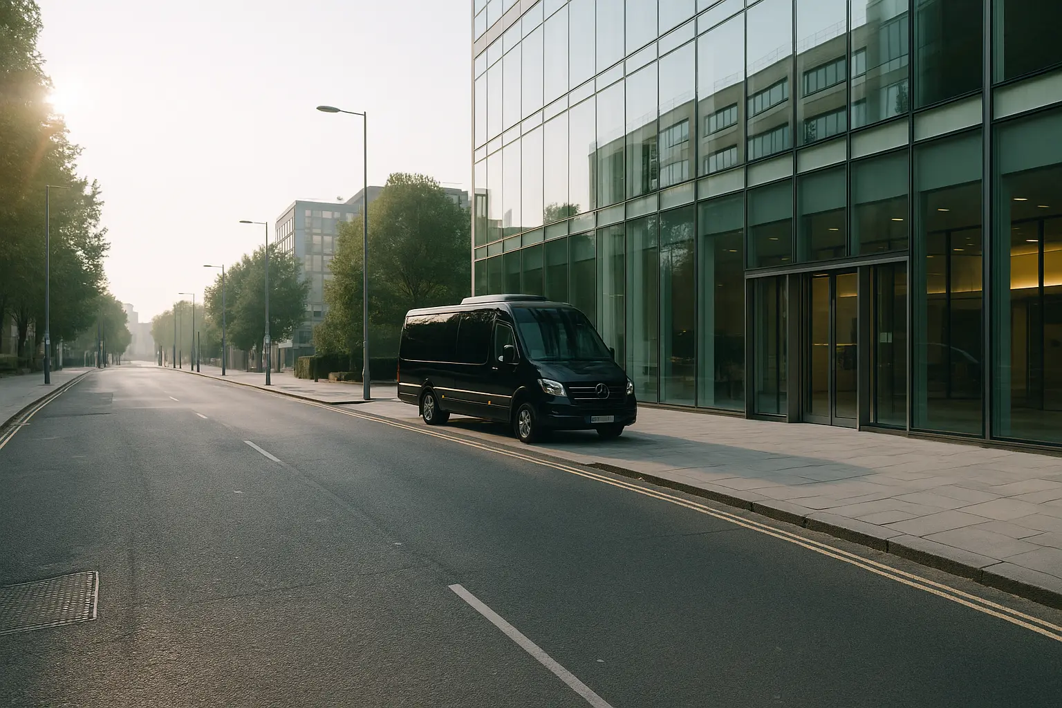 Luxury Mercedes Minicoach Outside Corporate Office West London Early Morning Luxury Mercedes minicoach parked outside a modern glass corporate building in West London during early morning, with a smartly dressed chauffeur nearby and city reflections in the background – ideal for corporate minibus hire in West London