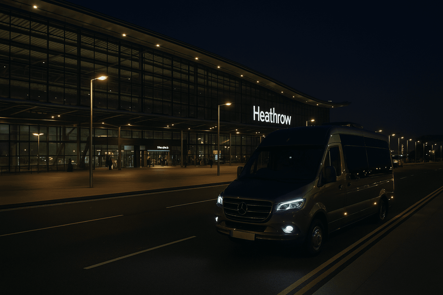 Minibus Hire Heathrow Mercedes Sprinter at Terminal 5 Executive Mercedes minibus hire Heathrow with driver outside Terminal 5 at night with airport signage and lights
