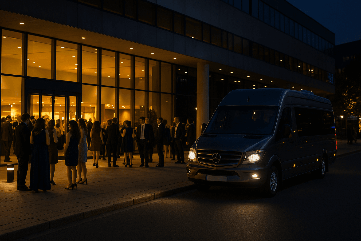Minibus Hire for Events Mercedes Sprinter at London Venue Luxury Mercedes minibus hire for events with driver outside modern London venue at night with guests arriving