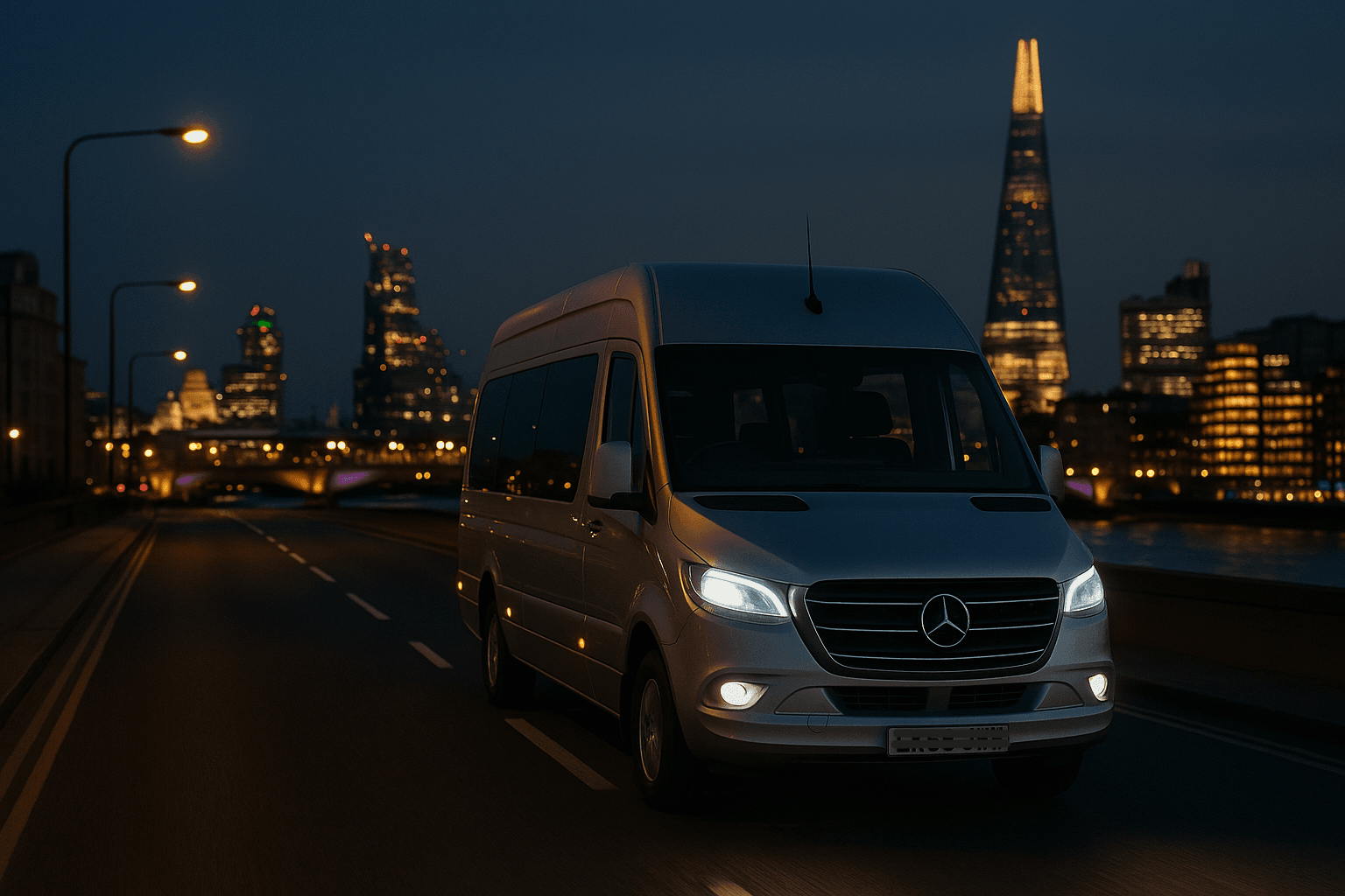 Executive Mercedes minibus to London at dusk with Tower Bridge and the Shard in the background