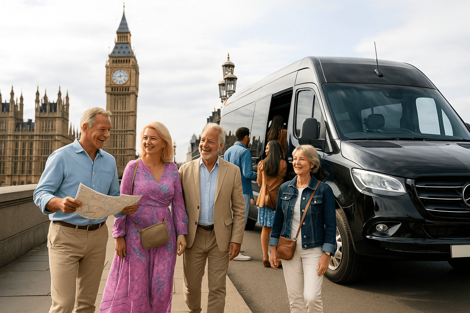 Tourists Boarding Mercedes Minicoach for Days Out in London Luxury black Mercedes minicoach with tourists boarding near Big Ben for a day out trip from London