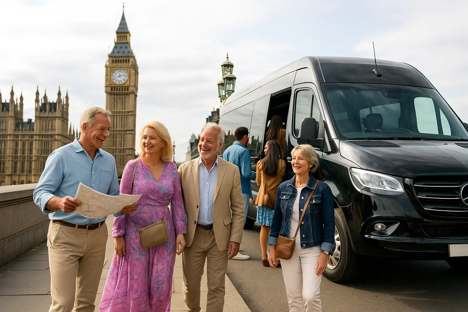 Tourists Boarding Mercedes Minicoach for Days Out in London Luxury black Mercedes minicoach with tourists boarding near Big Ben for a day out trip from London