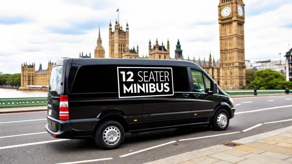 Luxury 12-seater minibus near Big Ben, offering comfortable travel with West London Minibus Hire for executive trips.