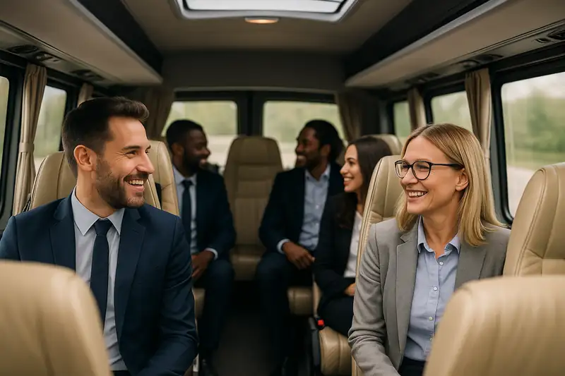luxury-minibus-interior-with-corporate-passengers-800w Executive passengers chatting inside a luxury minibus with beige leather seats