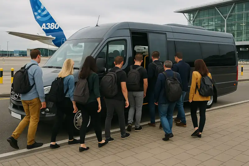 passengers-boarding-luxury-minicoach-at-london-airport-800w Group of passengers with backpacks boarding a dark grey luxury Mercedes minicoach parked at a London airport