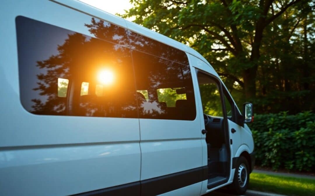 Minibus parked with London skyline in background.