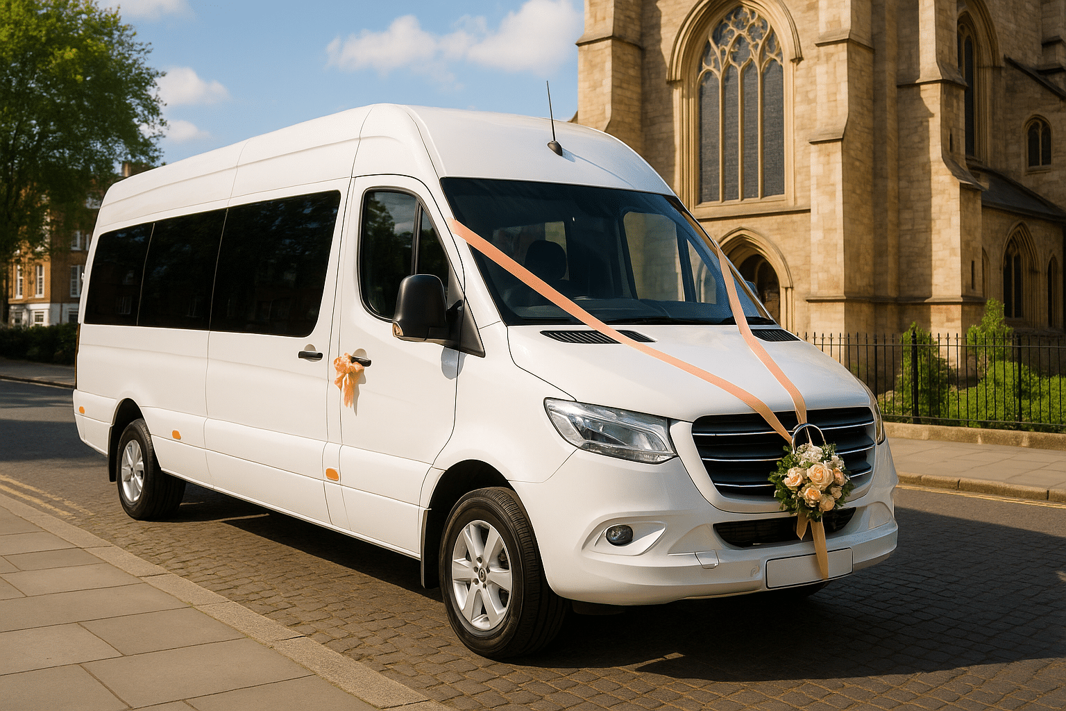 Luxury minibus decorated for wedding, showcasing West London Minibus Hire's elegance and professionalism in London travel.
