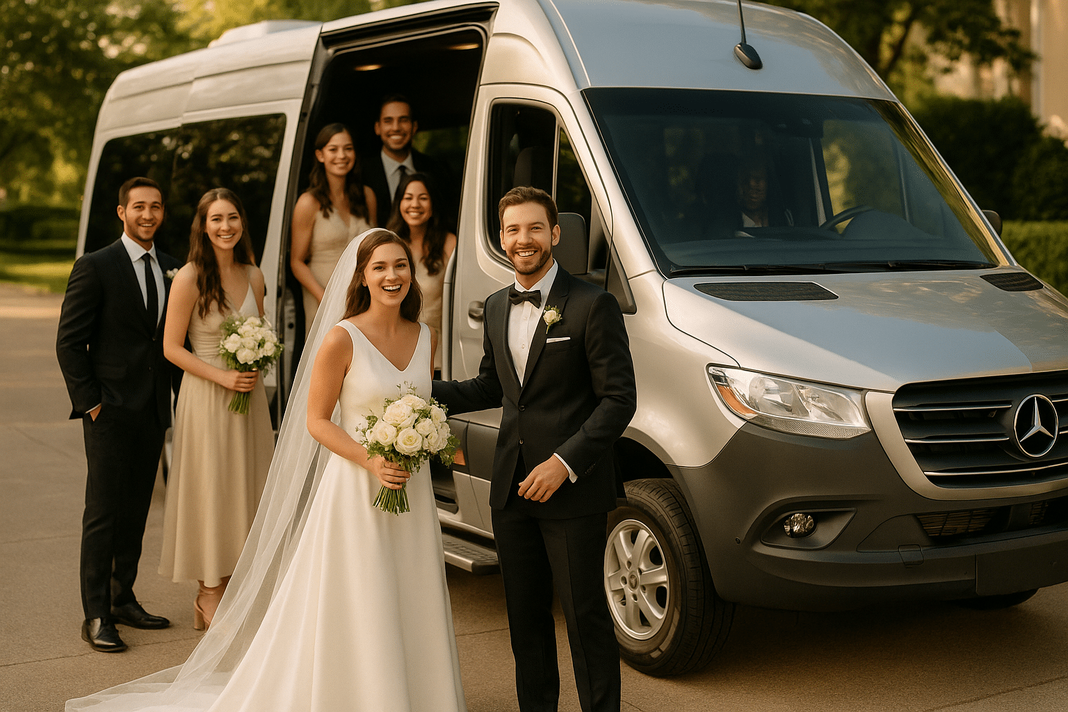 Wedding party enjoying luxury travel with West London Minibus Hire. Comfort and professionalism in executive minibuses.