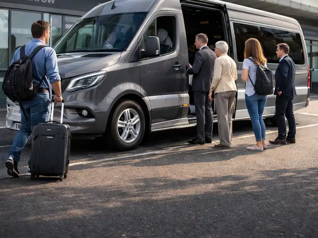 Group boarding a Mercedes Sprinter luxury minibus at Heathrow Airport