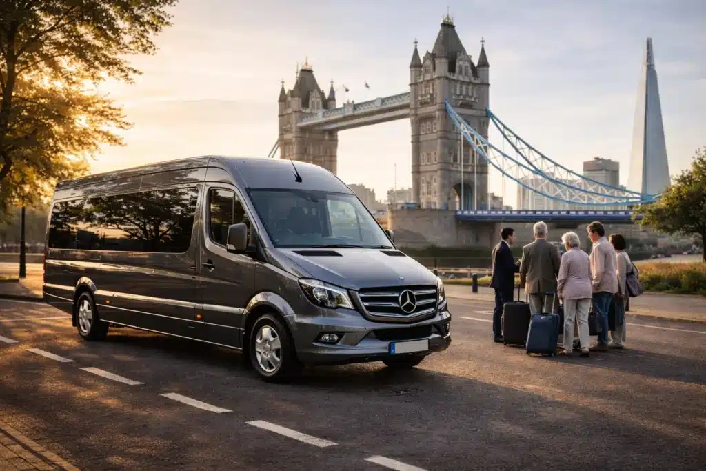 Mercedes Sprinter minibus hire in London with passengers and luggage near Tower Bridge
