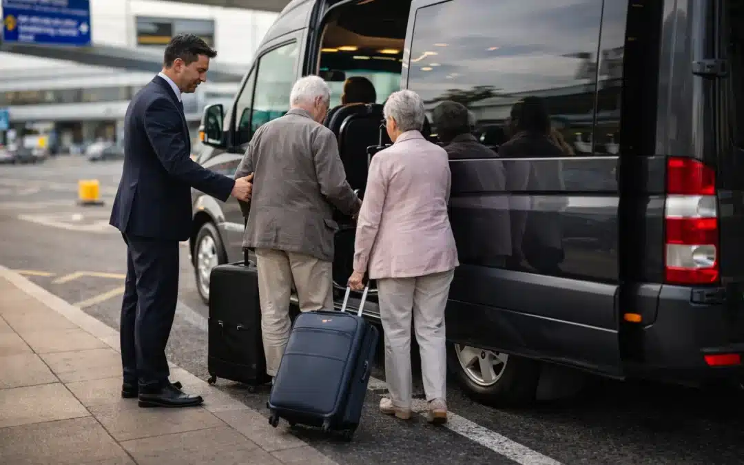 Professional driver assisting passengers boarding a minibus in London