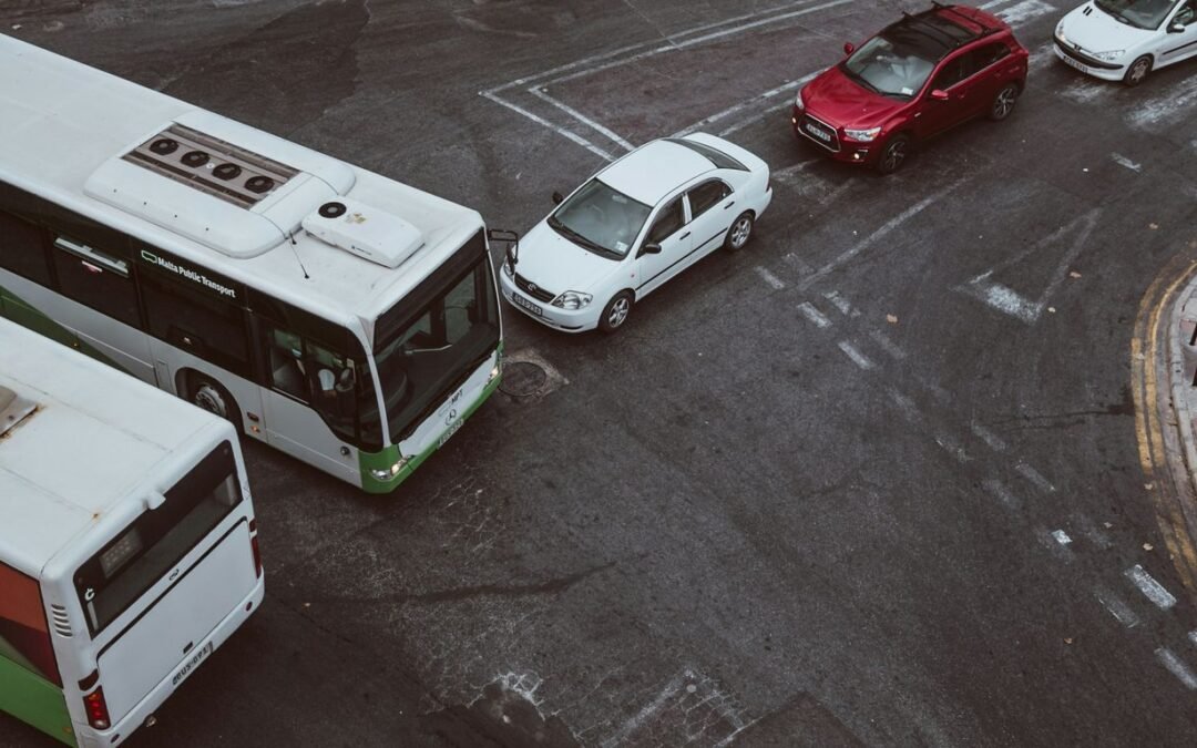 two bus and three cars