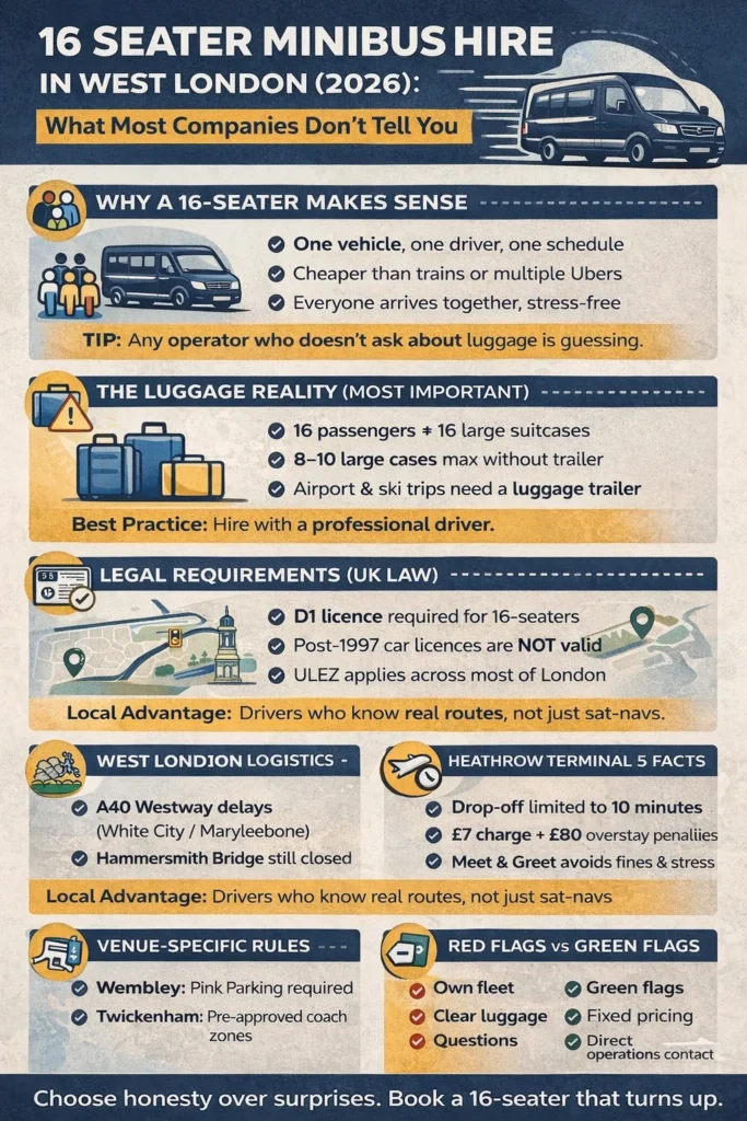 16 seater minibus hire in West London showing pricing, luggage capacity, legal requirements and airport logistics