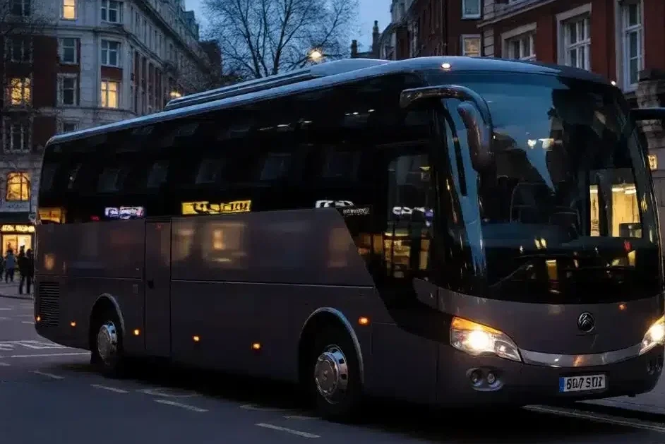 35 seater coach hire for group travel parked in a city street during the evening