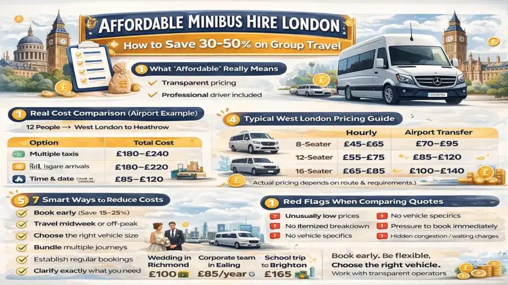 Affordable minibus hire London cost saving guide infographic showing pricing comparison, airport transfer costs, vehicle sizes, and smart ways to reduce group travel expenses.