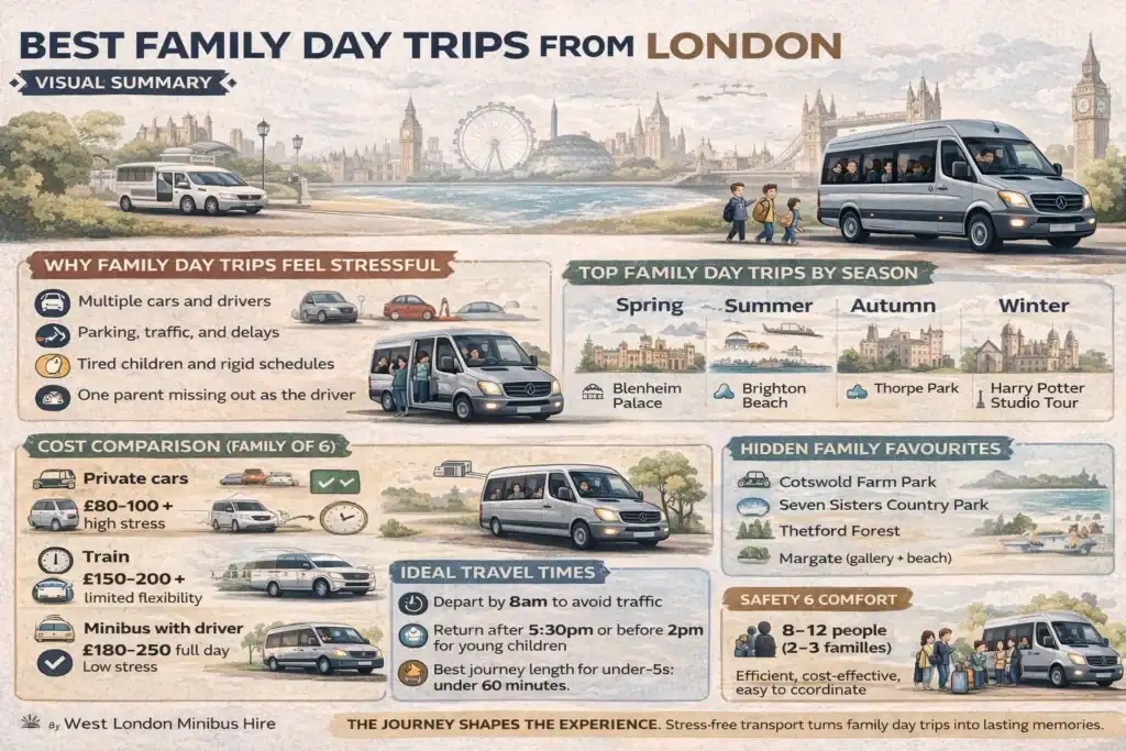 Best family day trips from London infographic showing seasonal destinations, cost comparison, ideal travel times, and benefits of minibus hire with driver
