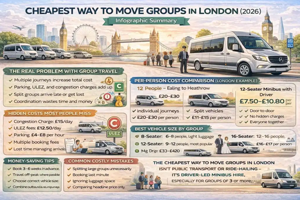 Cheapest way to move groups in London infographic comparing transport options, per-person costs, and why driver-led minibus hire is the most affordable choice in 2026