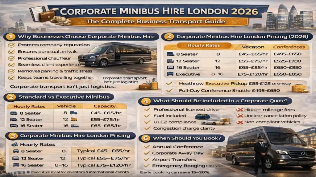 Corporate minibus hire London 2026 infographic showing pricing, executive vs standard vehicles, booking timelines, and business transport cost examples.